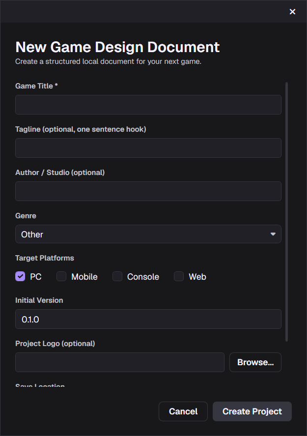 New Project Dialog