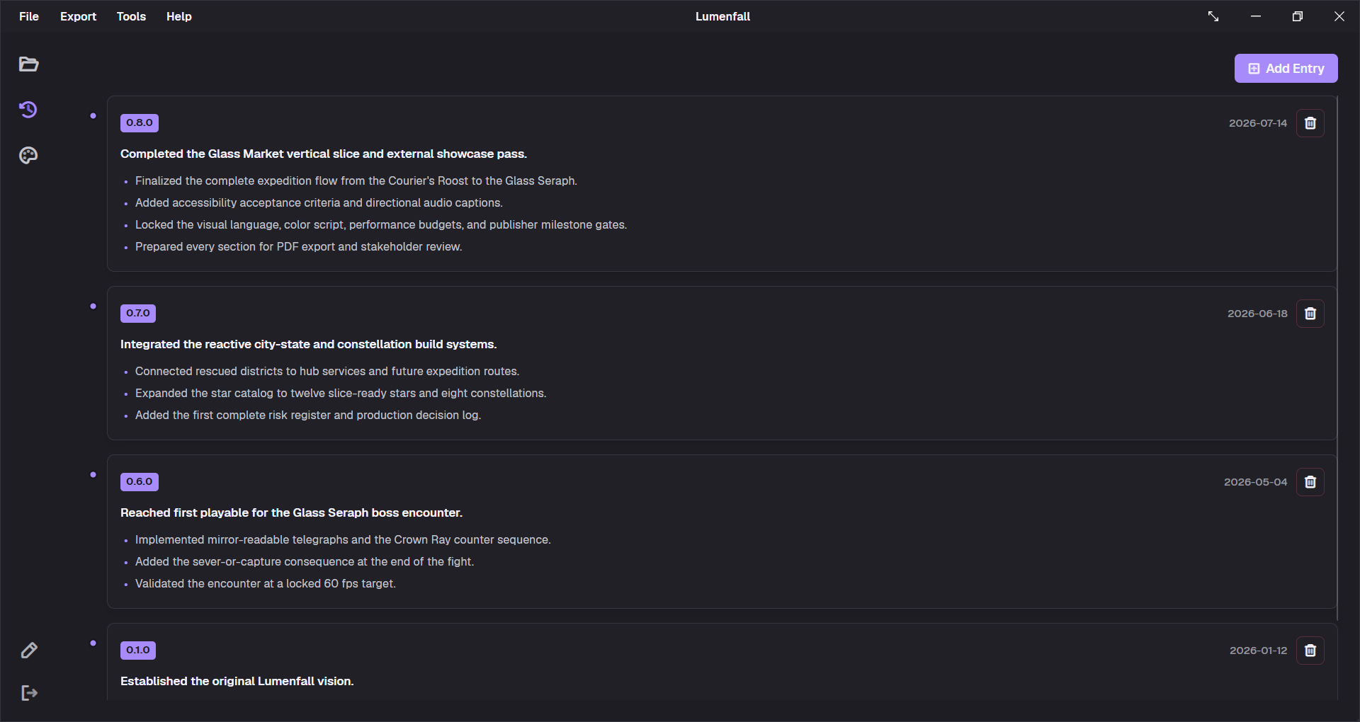 GDDKit project changelog timeline with version badges, dates, summaries, bullet changes, and Add Entry action