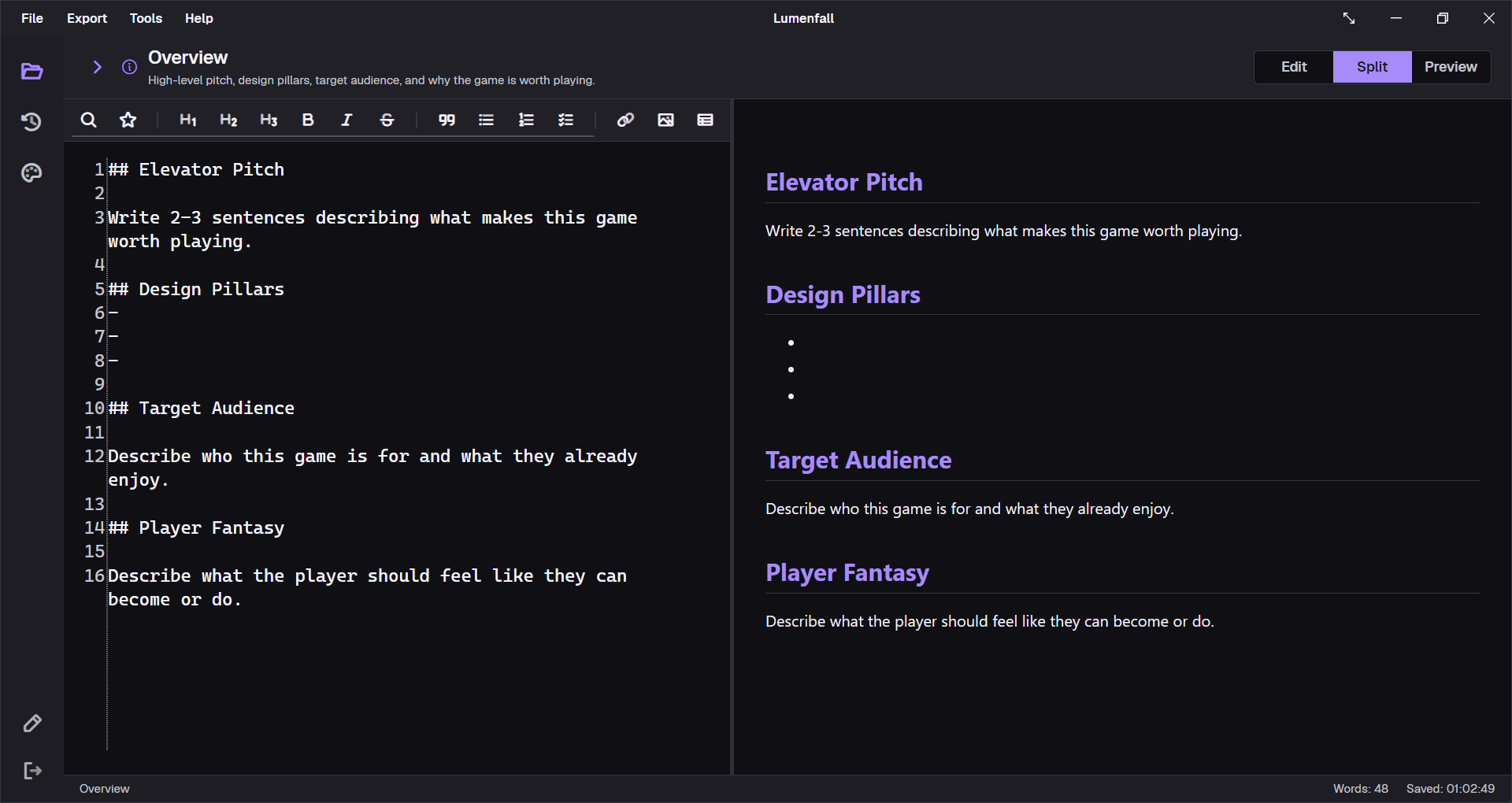 GDDKit Split view with the Markdown editor and live preview side by side