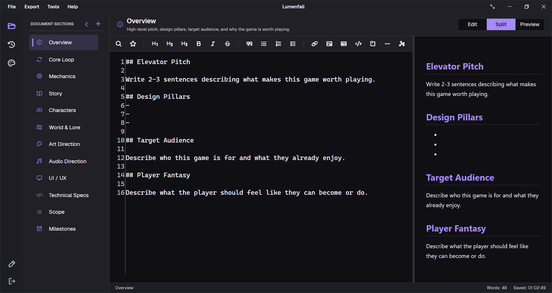 GDDKit v2 workspace with navigation rail, section list, Markdown editor, live preview, and status bar
