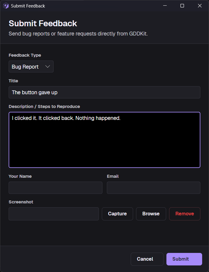 GDDKit feedback form with bug type, title, description, optional contact fields, and screenshot controls
