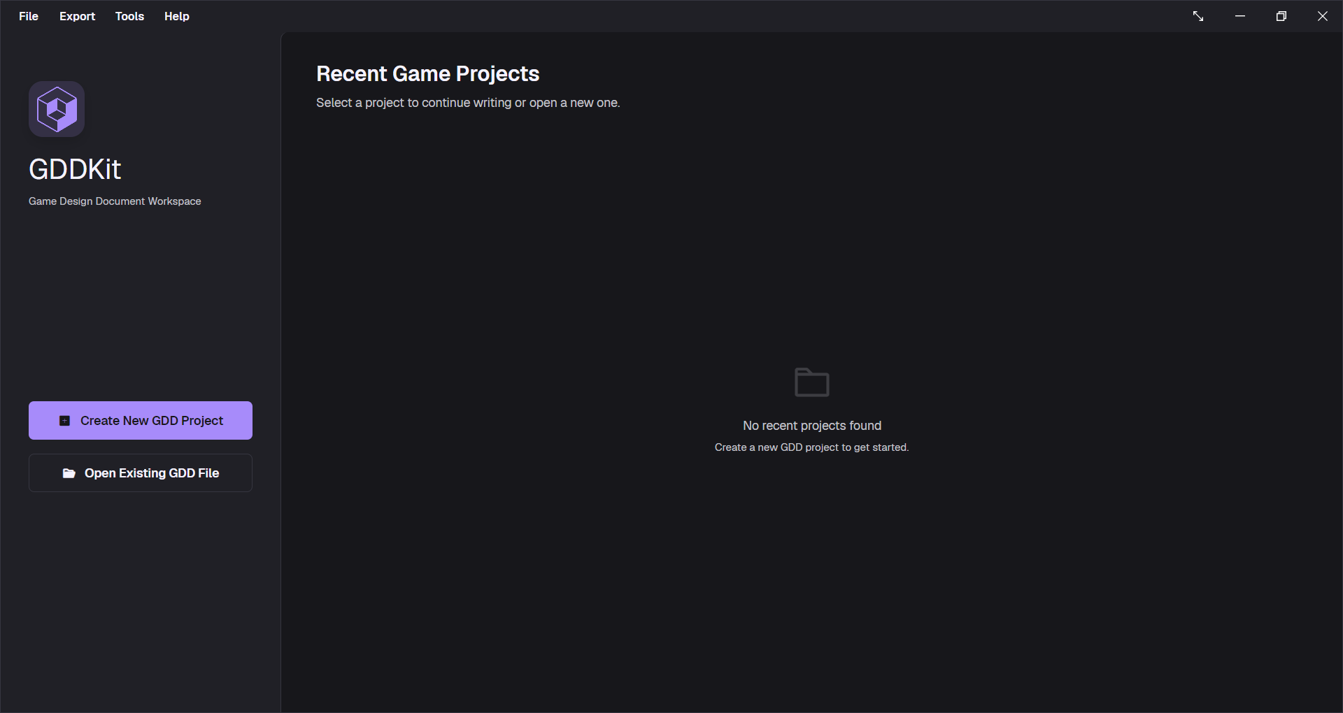 GDDKit v2 home screen with new, open, and recent project actions
