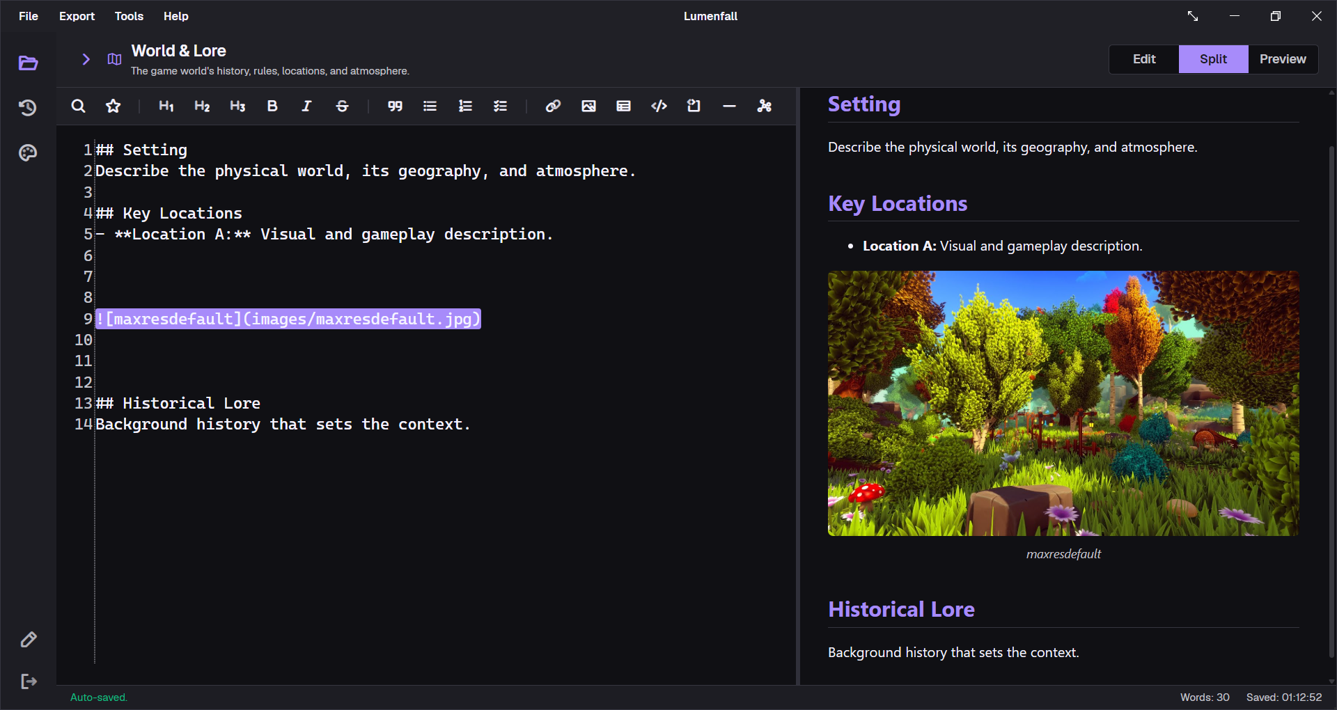 Project-relative Markdown image beside its rendered GDDKit preview