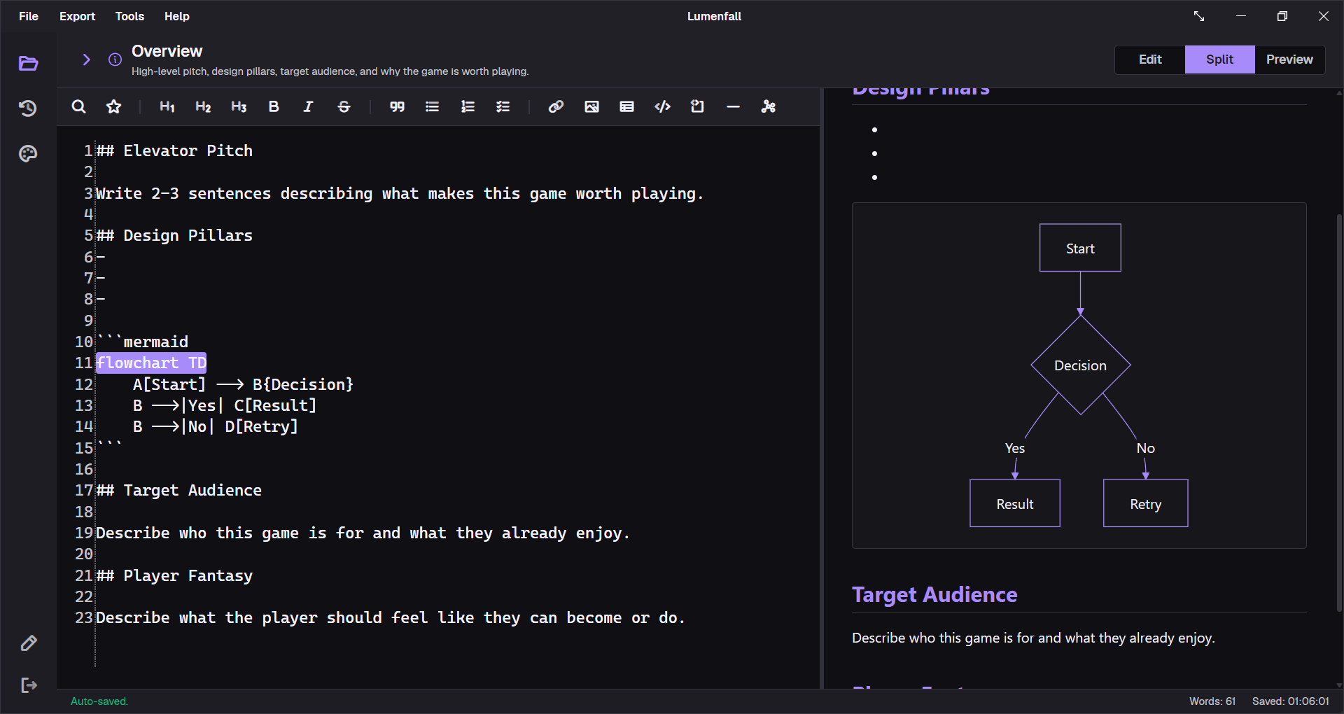 GDDKit Markdown formatting toolbar above selected editor text