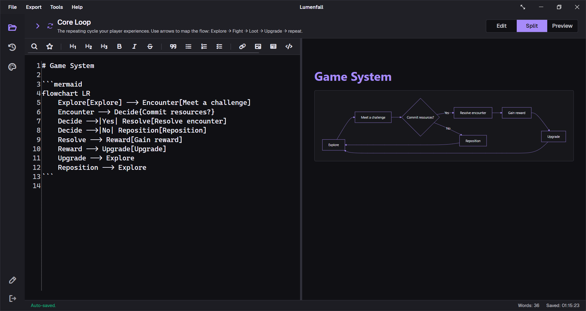 Mermaid source in the editor beside its rendered game-system flowchart