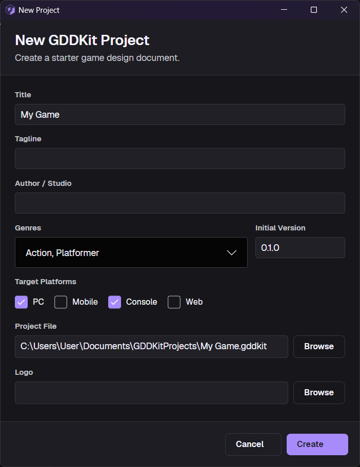 New Project dialog with title, multiple genres, platforms, version, logo, and project file fields