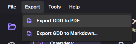 GDDKit Export menu with Export GDD to PDF and Export GDD to Markdown commands