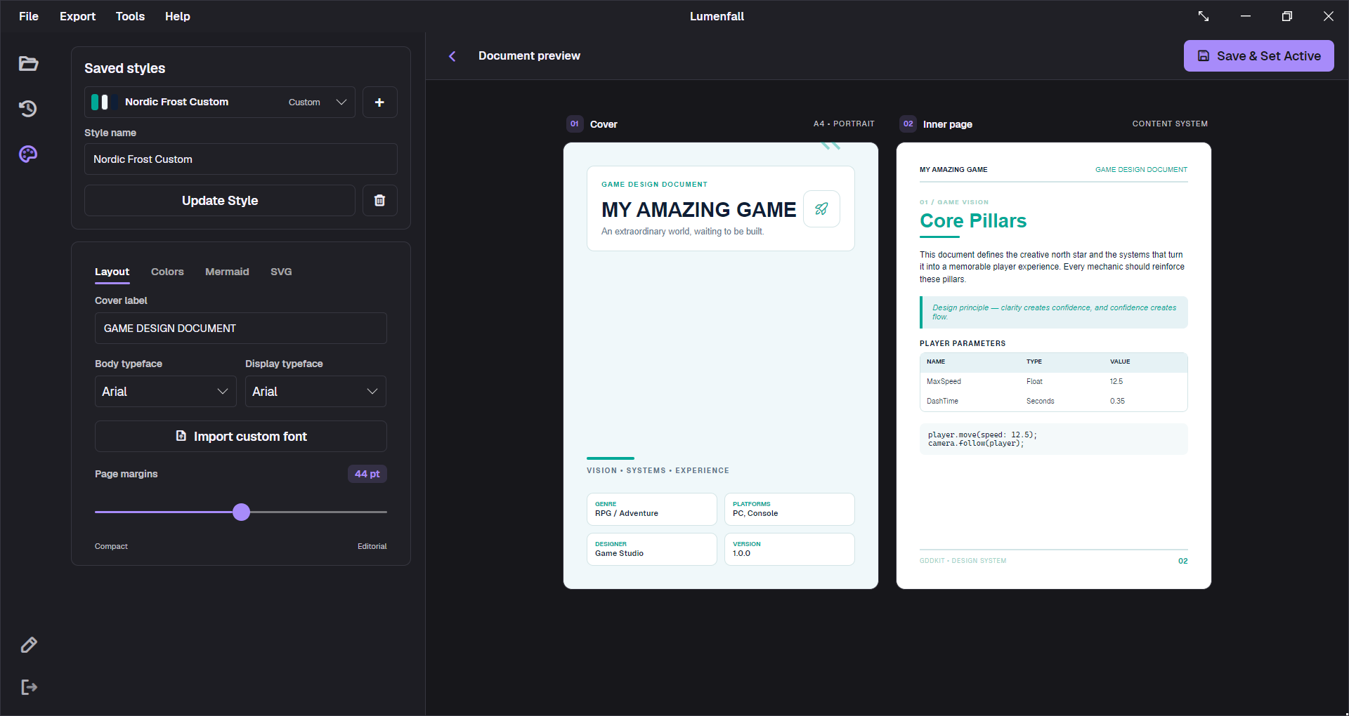 GDDKit PDF Theme Designer with saved styles, controls, and cover and inner-page previews
