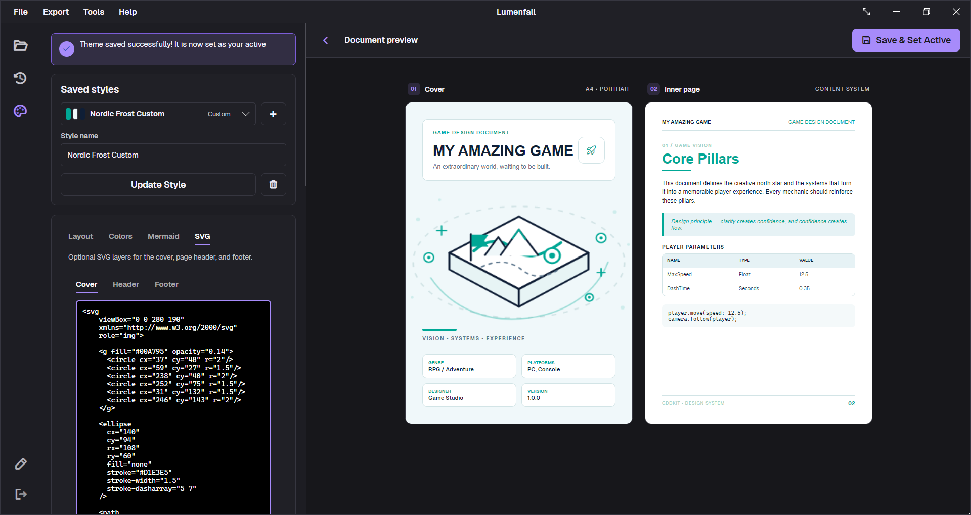 PDF Theme Designer SVG tab with safe cover artwork and matching preview