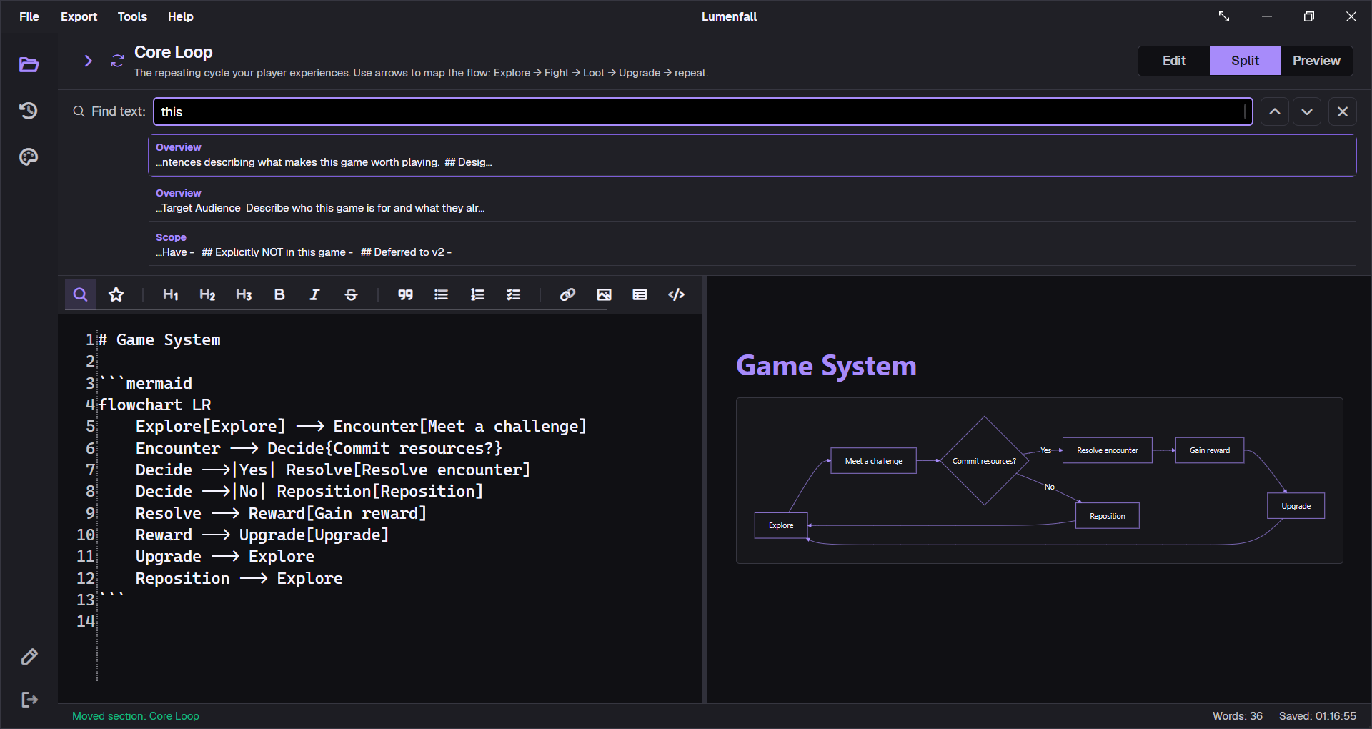 GDDKit cross-section search panel with several results and one highlighted editor match