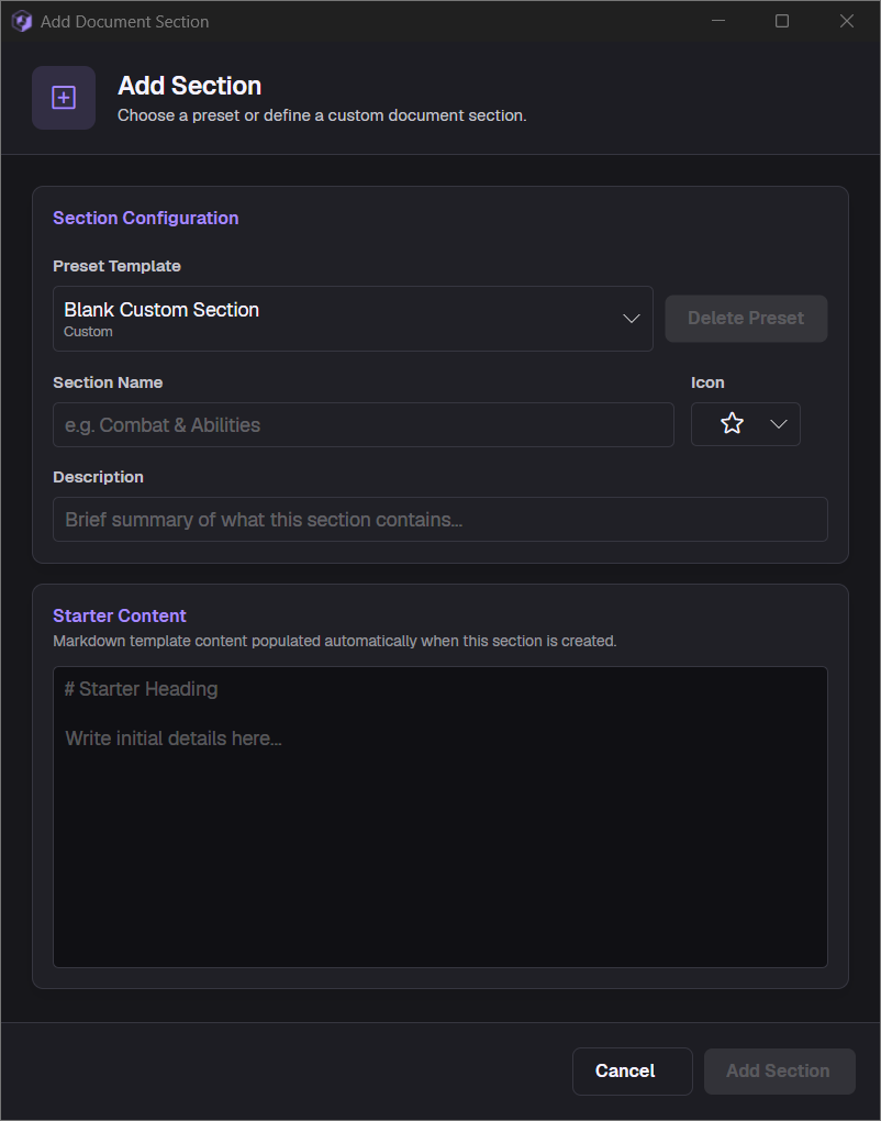 Add Document Section dialog with the Blank Custom Section preset selected