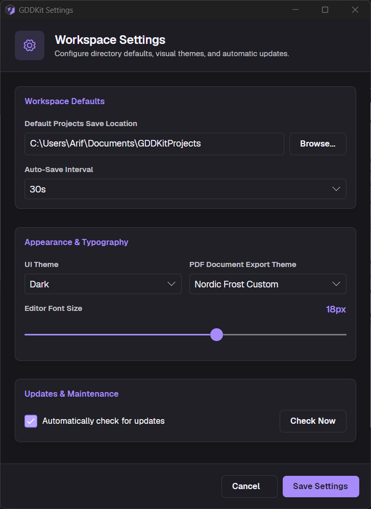 GDDKit Workspace Settings window with folder, theme, font size, autosave, PDF theme, and update controls