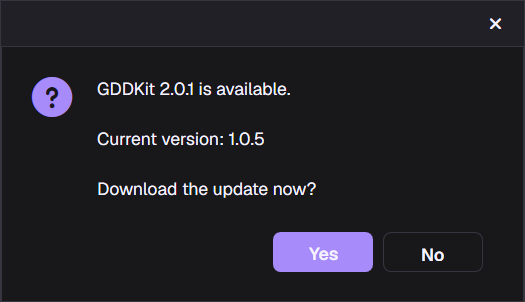 GDDKit update dialog showing current and available versions with Yes and No actions
